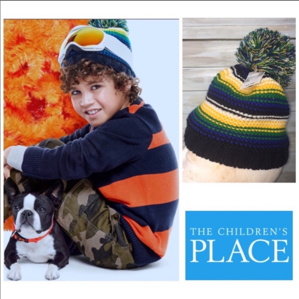 Children’s Place Striped Multicolor Knit Pompom Beanie Hat NWT S M 4 - 7